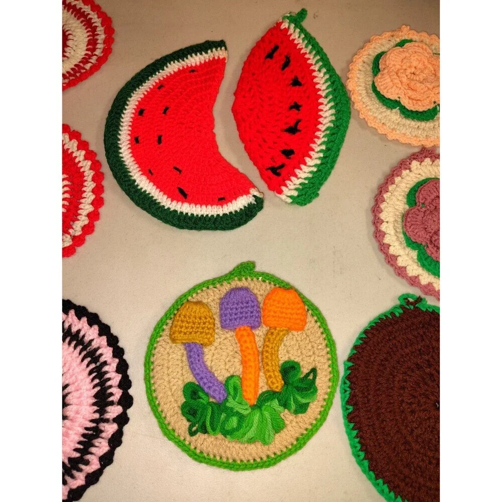 Vintage Crochet Potholder Lot (9) - Handmade Fruit, Mushroom & Floral Trivets